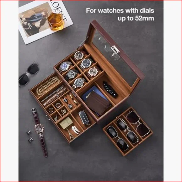 Lockable Watch Case with PU Leather, 6 Slots and Sunglasses Storage